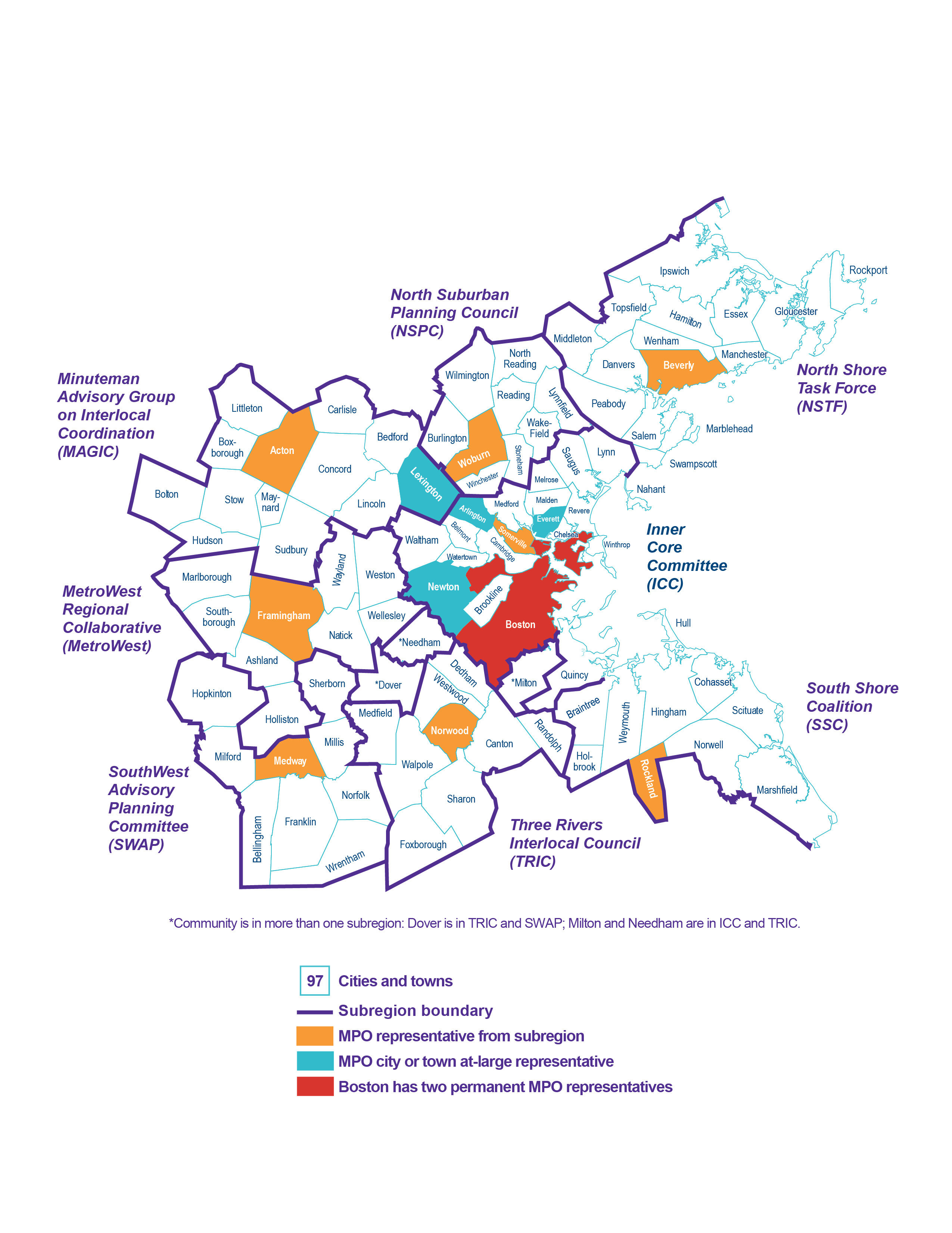 Figure 1-1. Municipalities in the Boston Region
Figure 1-1 is a map that shows the physical reach of the Boston Region MPO area. It indicates that the MPO’s jurisdiction extends from Boston north to Ipswich, south to Marshfield, and west to Interstate 495. The map shows the 97 cities and towns that make up the MPO area. It also indicates the eight subregions of the MPO as well as the voting members of the MPO board.